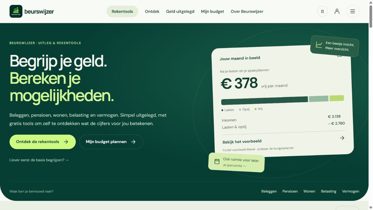 De huidige Beurswijzer-homepage: Begrijp je geld. Bereken je mogelijkheden. Met rekentools en het budgetvoorbeeld van Marek.